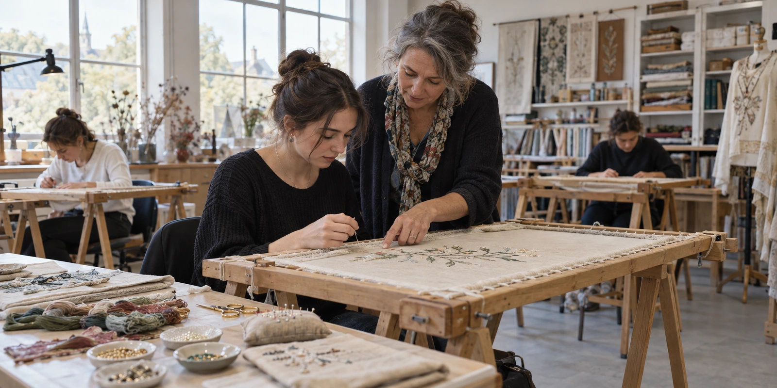 Où préparer le CAP Broderie : lycées, CFA et écoles d'art Dans un atelier lumineux, une femme guide une autre personne brodant un motif floral sur un métier, tandis que deux personnes travaillent derrière.