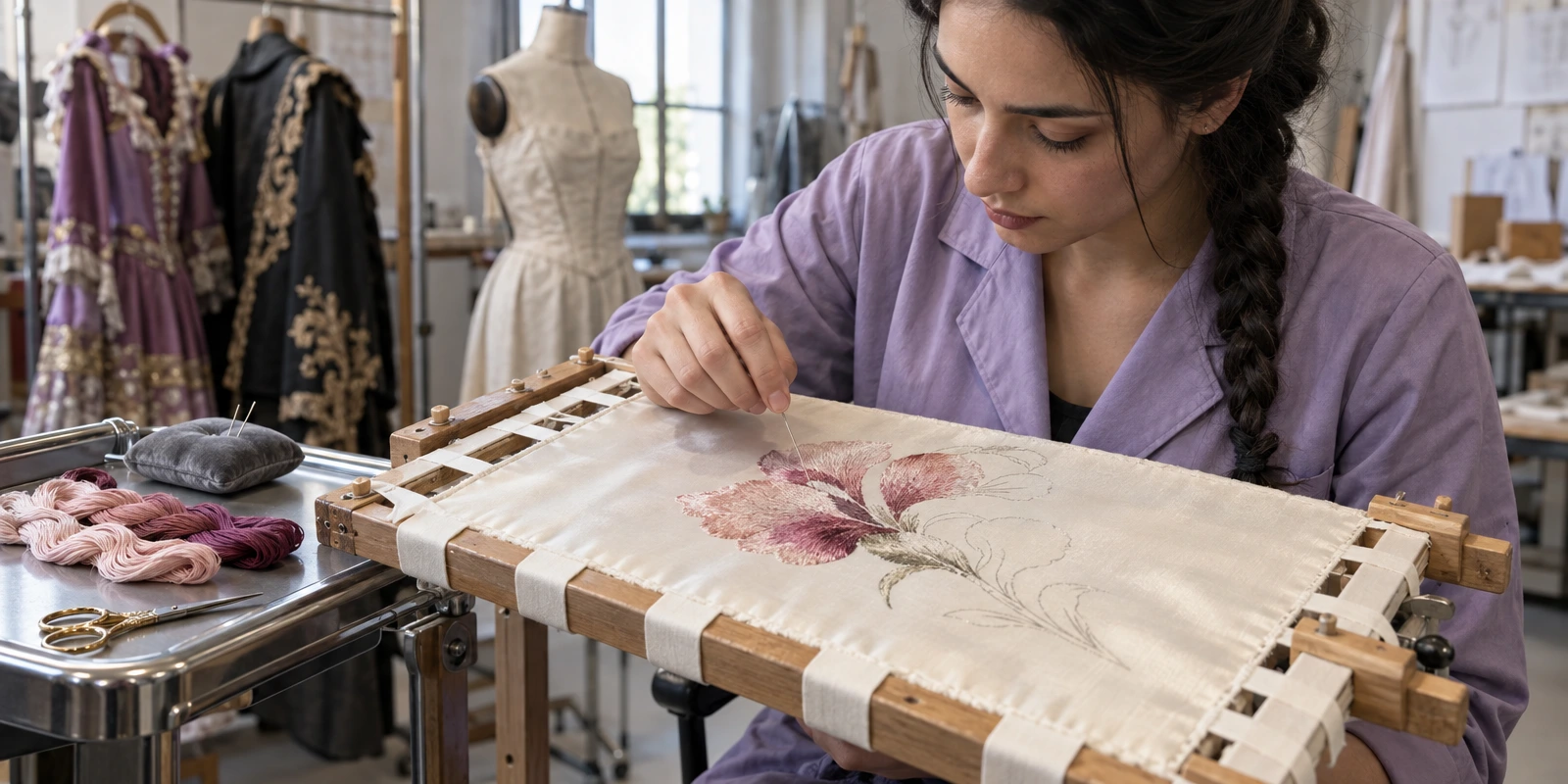 Une femme brode à l’aiguille un motif floral sur un tissu tendu sur métier, avec fils et ciseaux à proximité.